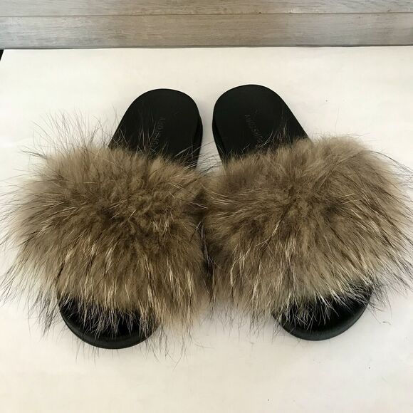 Fur Story Natural Brown Fox Fur & Black Slide Sandals Slippers EU 43.5 US 11 - Picture 5 of 12